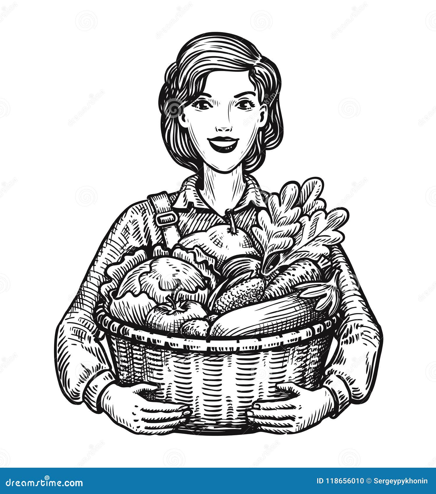 beautiful girl or happy farmer holding a wicker basket full of vegetables. agriculture, horticulture, farm concept. hand