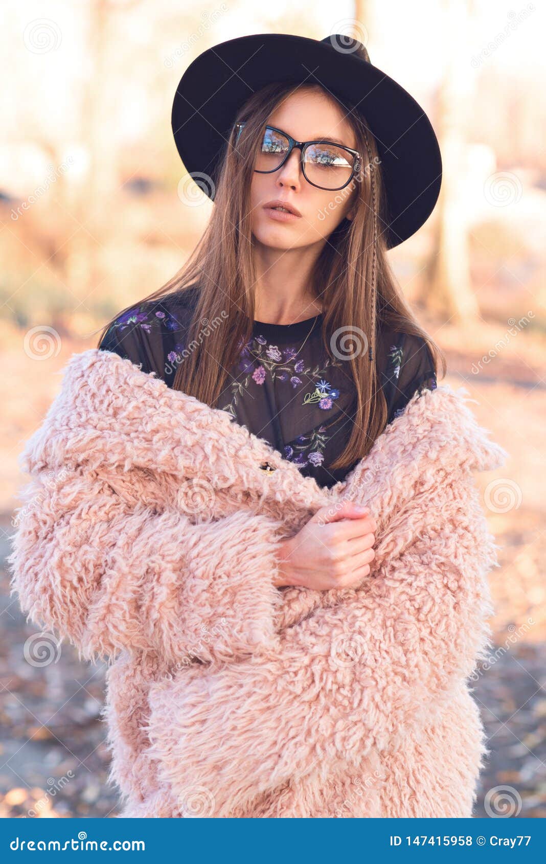 Beautiful Girl in a Fashionable Pink Lama Coat. Stock Photo - Image of hair, attractive: 147415958