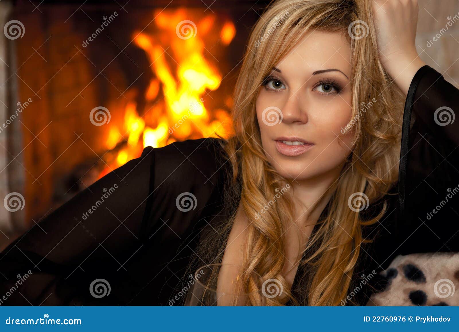 Beautiful Girl by the Fireplace Stock Photo Image of adult, blond