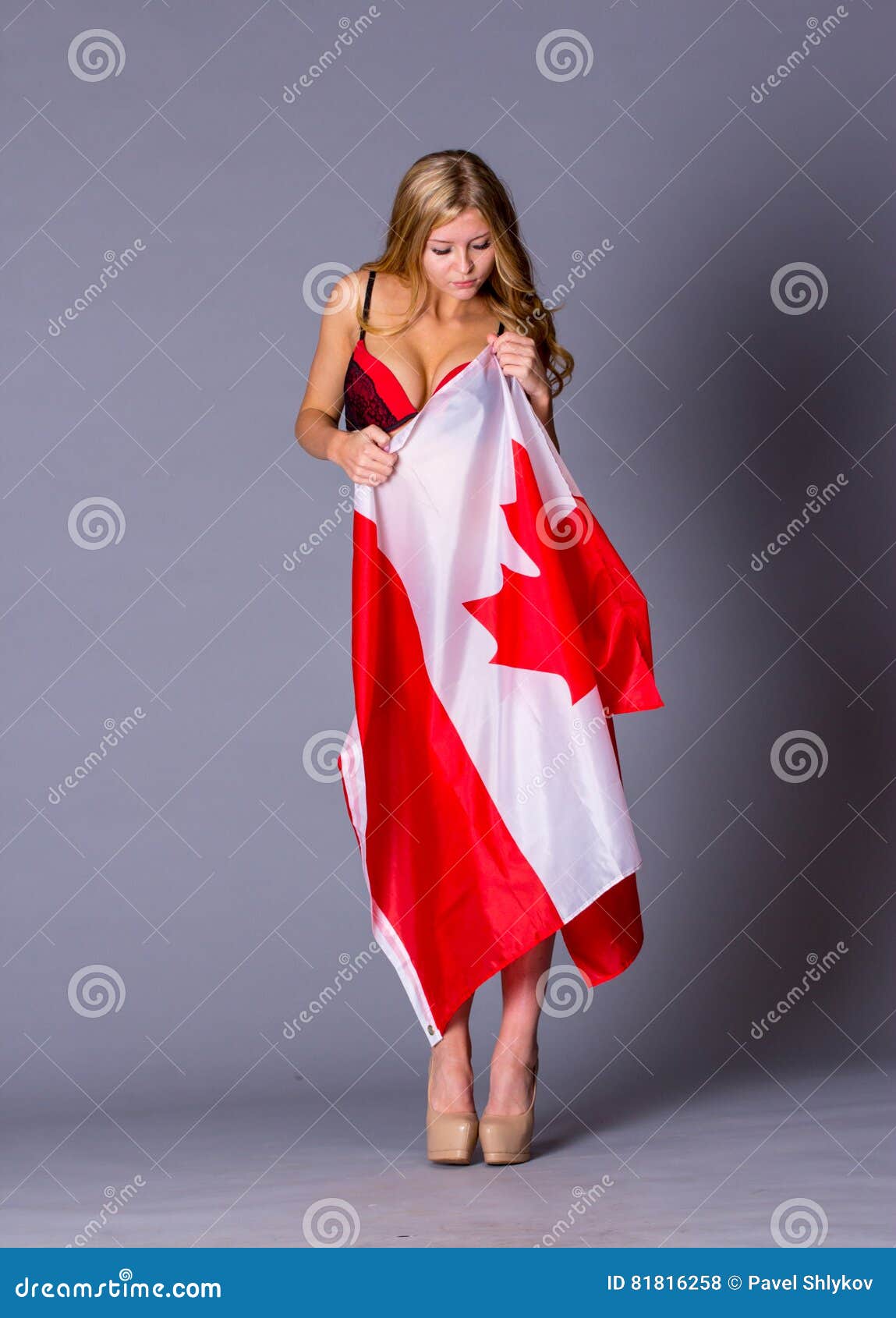 Beautiful Girl with Flag of Canada. Stock Photo - Image of body, breast ...