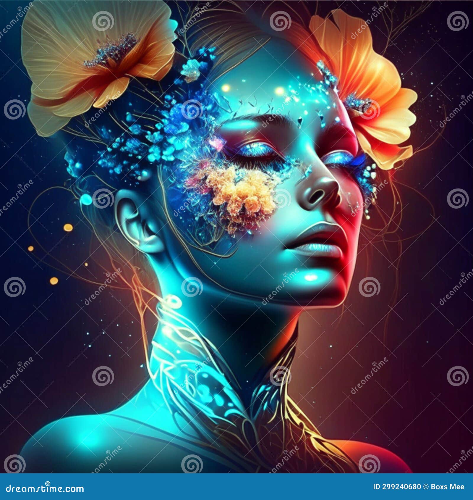 Beautiful Girl With Flower In Her Hair Vector Illustration In Neon Style Stock Illustration