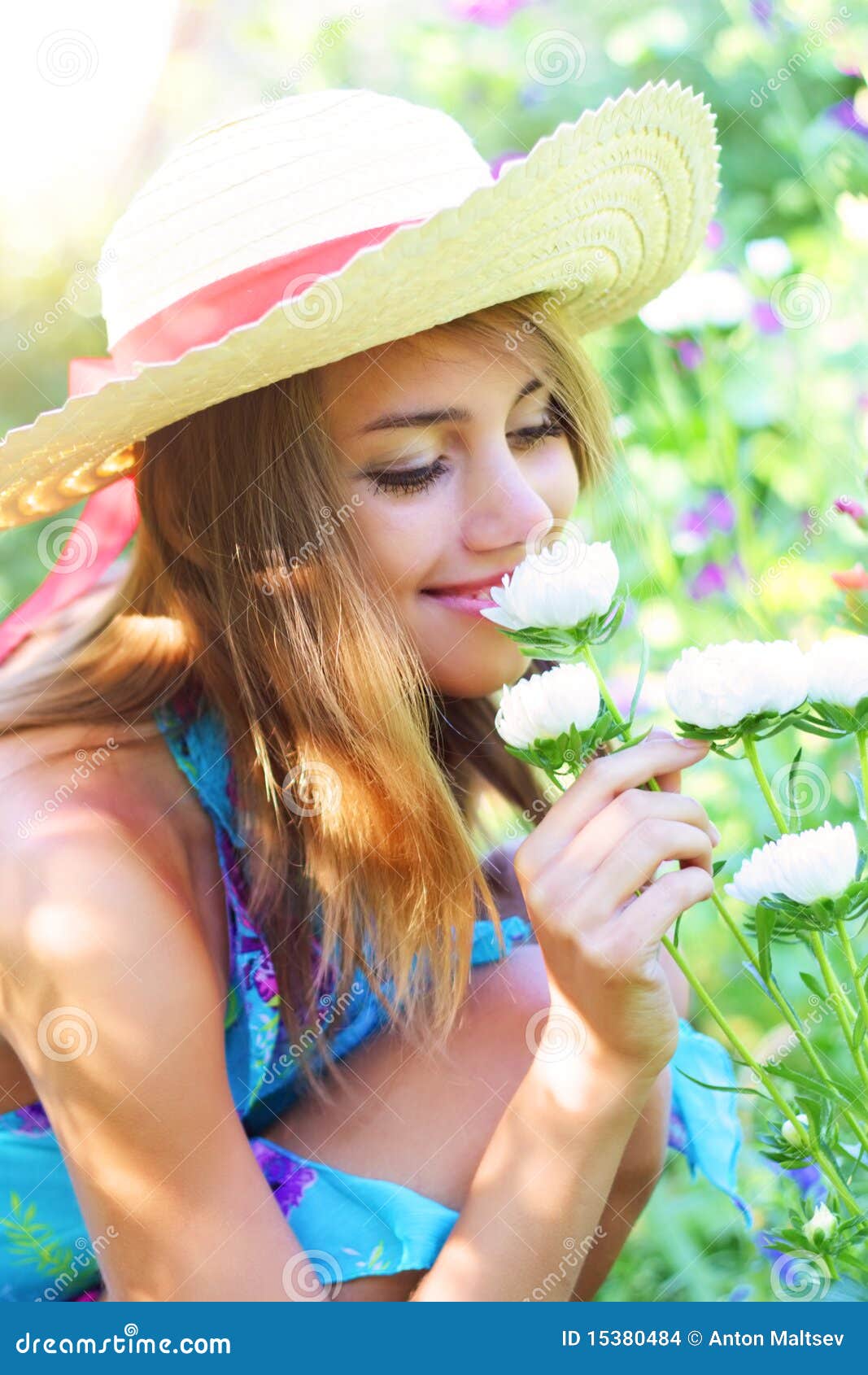Beautiful girl and flowers stock photo. Image of smile 15380484