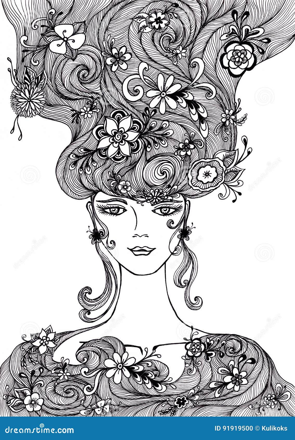 Beautiful Girl with Flowers in Hair Authentic Graphic Stock Illustration - Illustration of coloring, handmade: 91919500 Beautiful Girl with Flowers in Hair Authentic Graphic Stock Illustration - Illustration of coloring, handmade: 91919500