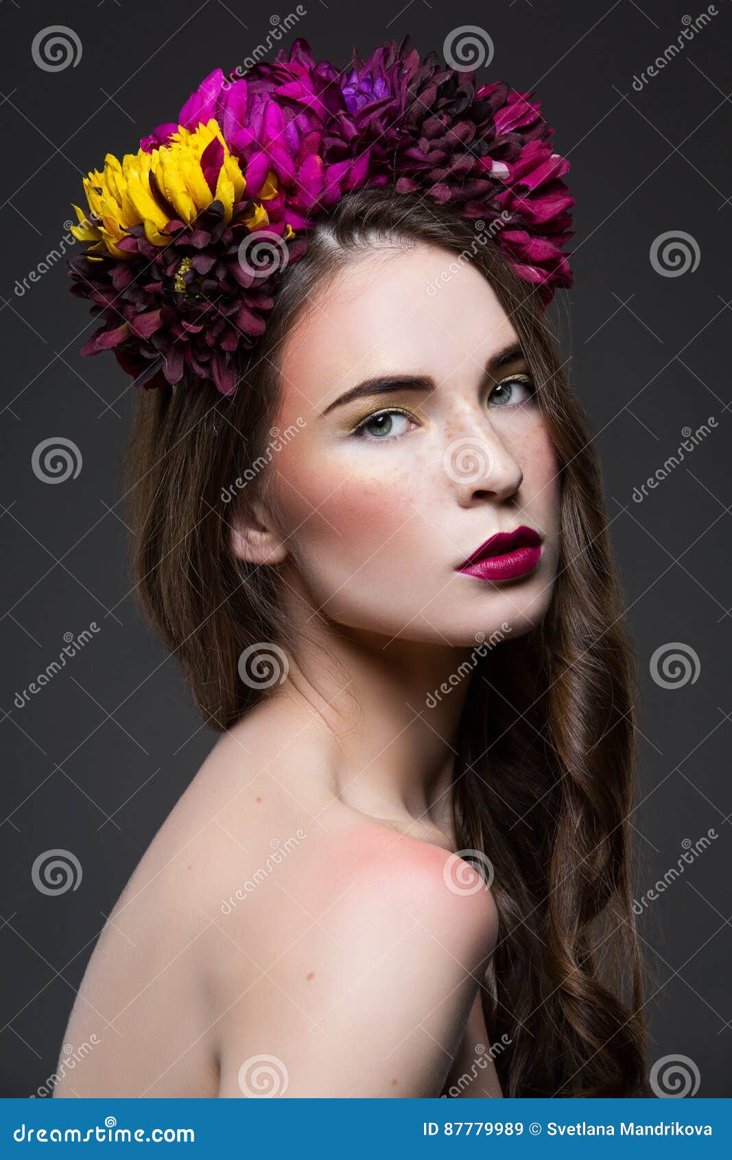 Beautiful Girl with Flowers on Head Stock Image - Image of colorful ...