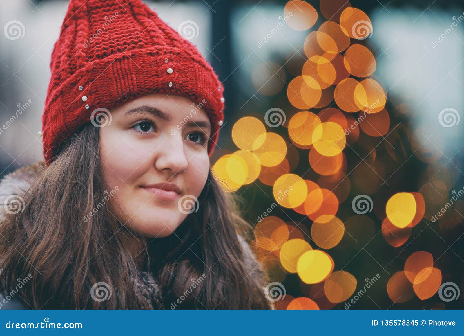 Beautiful Girl Gorgeous Brunette Girl, Portrait in Night City Lights ...