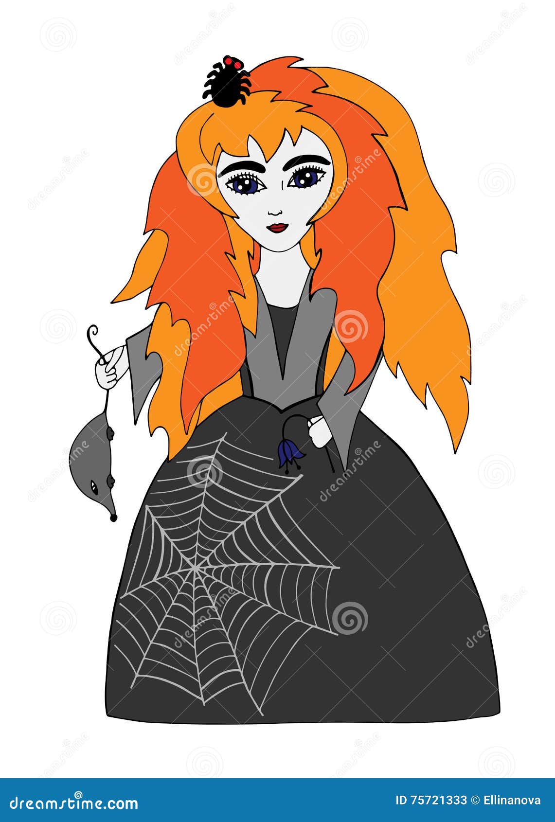 Beautiful Girl on Halloween with a Spider in Orange Hair Stock