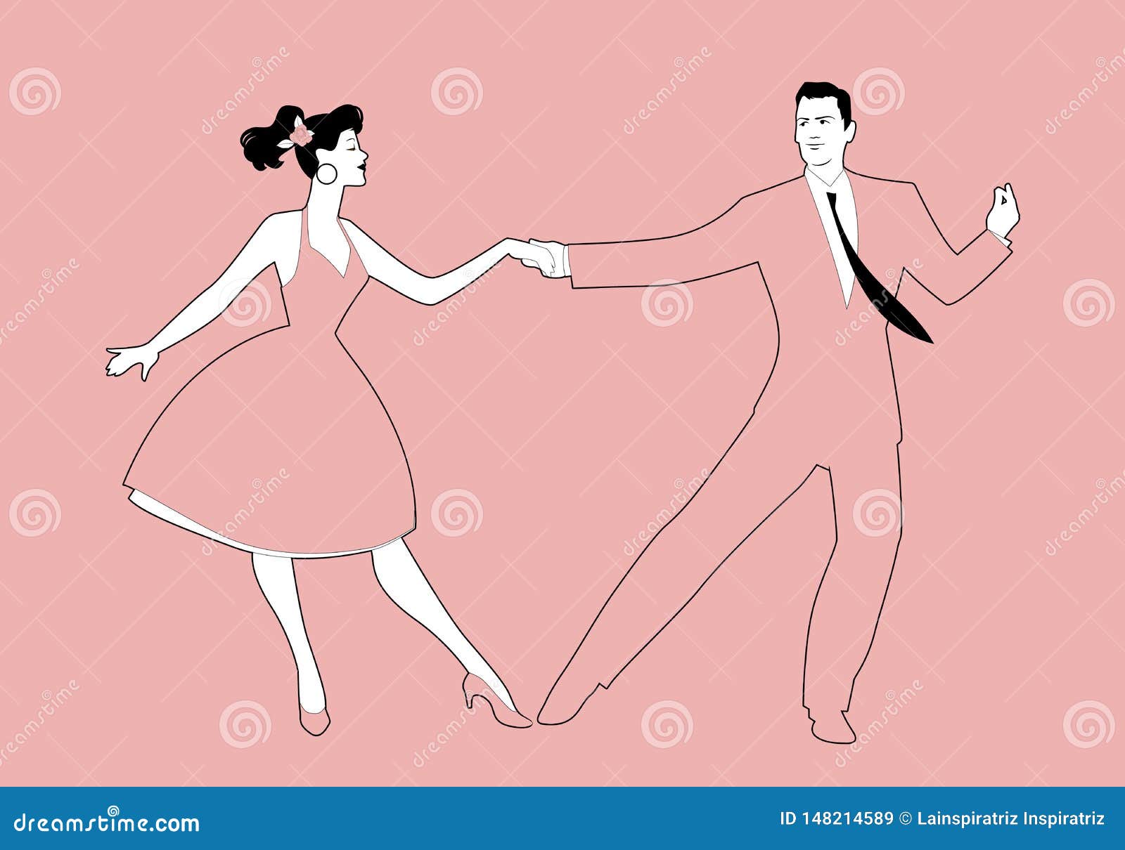 beautiful girl and handsome man dancing rock, rockabilly, swing or lindy hop. outlines  