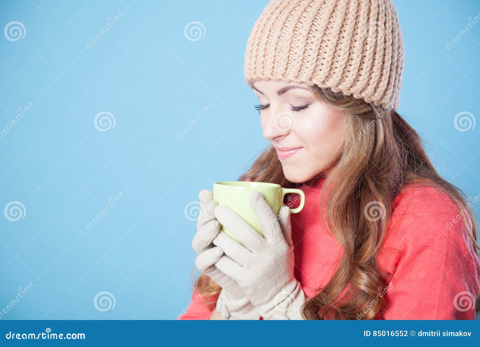 Beautiful Girl in a Hat and Gloves, Drinking Hot Tea Stock Photo ...