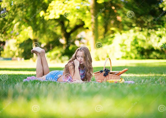 Beautiful Girl Having A Picnic Stock Image Image Of Jeans Apple 34553855