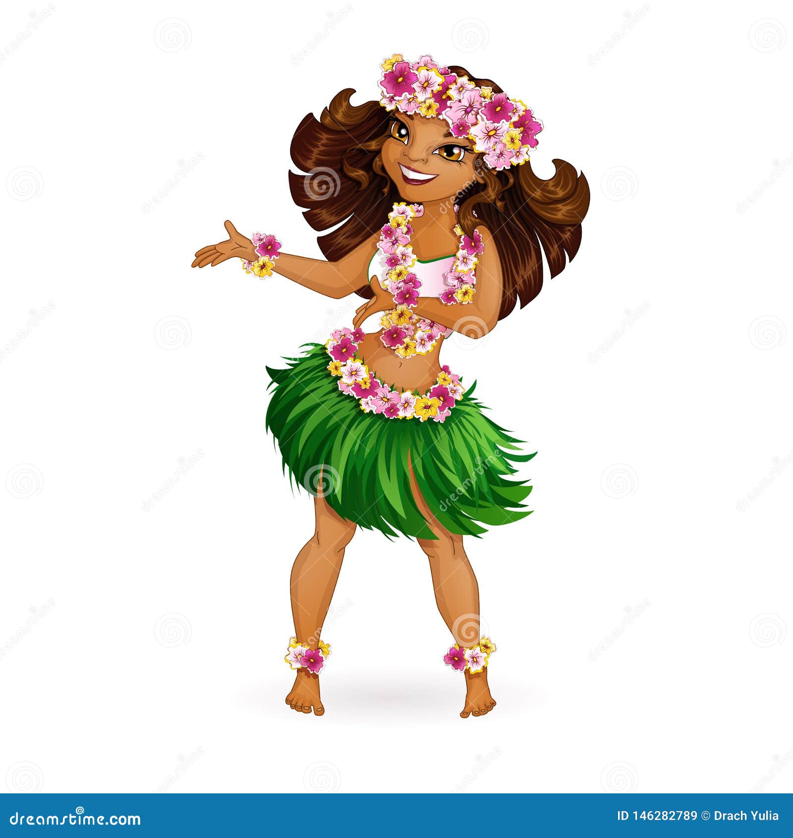 a beautiful girl in hawaiian clothes dances hula. wreath and garland of flowers, a skirt of grass.