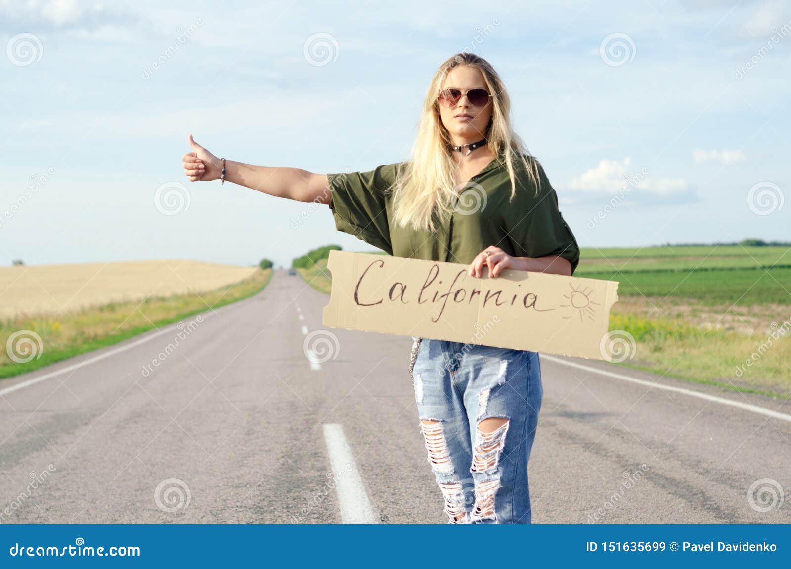 Beautiful Girl Hitchhiking On The Road Traveling Stock Image Image Of Adult Person 151635699