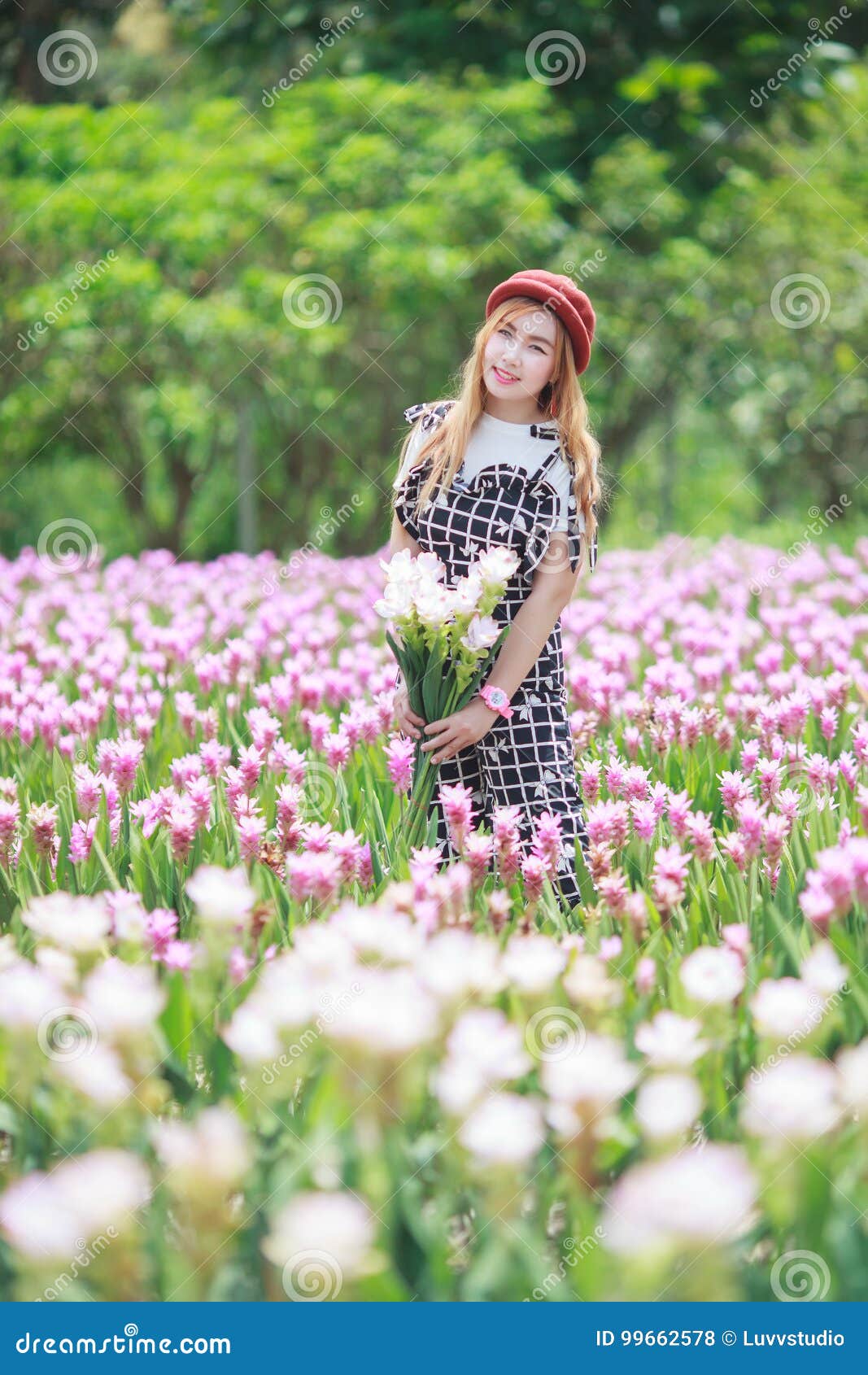 Beautiful Girl Holding Bouquet Flowers .Portrait in Nature Field Stock ...