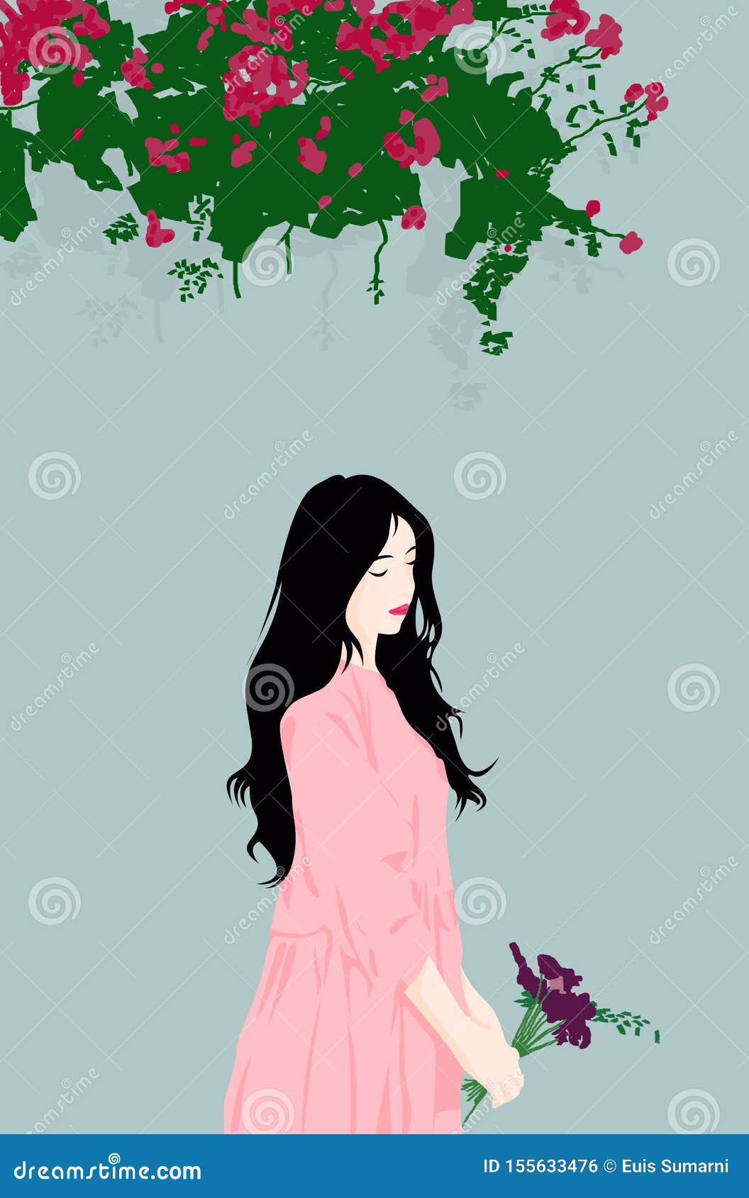 Beautiful Girl Holding The Flowers Stock Illustration