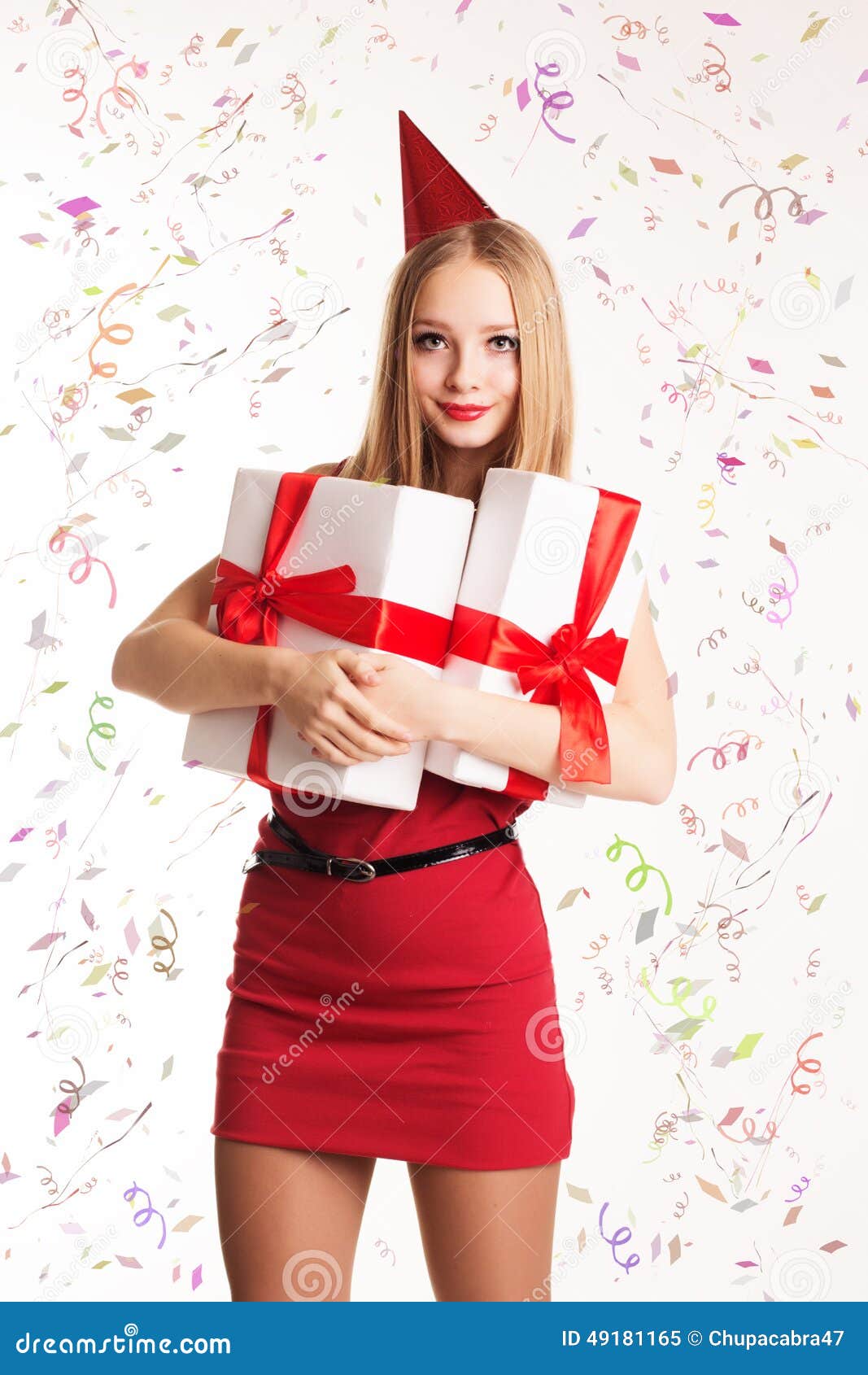 Beautiful Girl Holding Gift Boxes Happy Birthday Stock Image