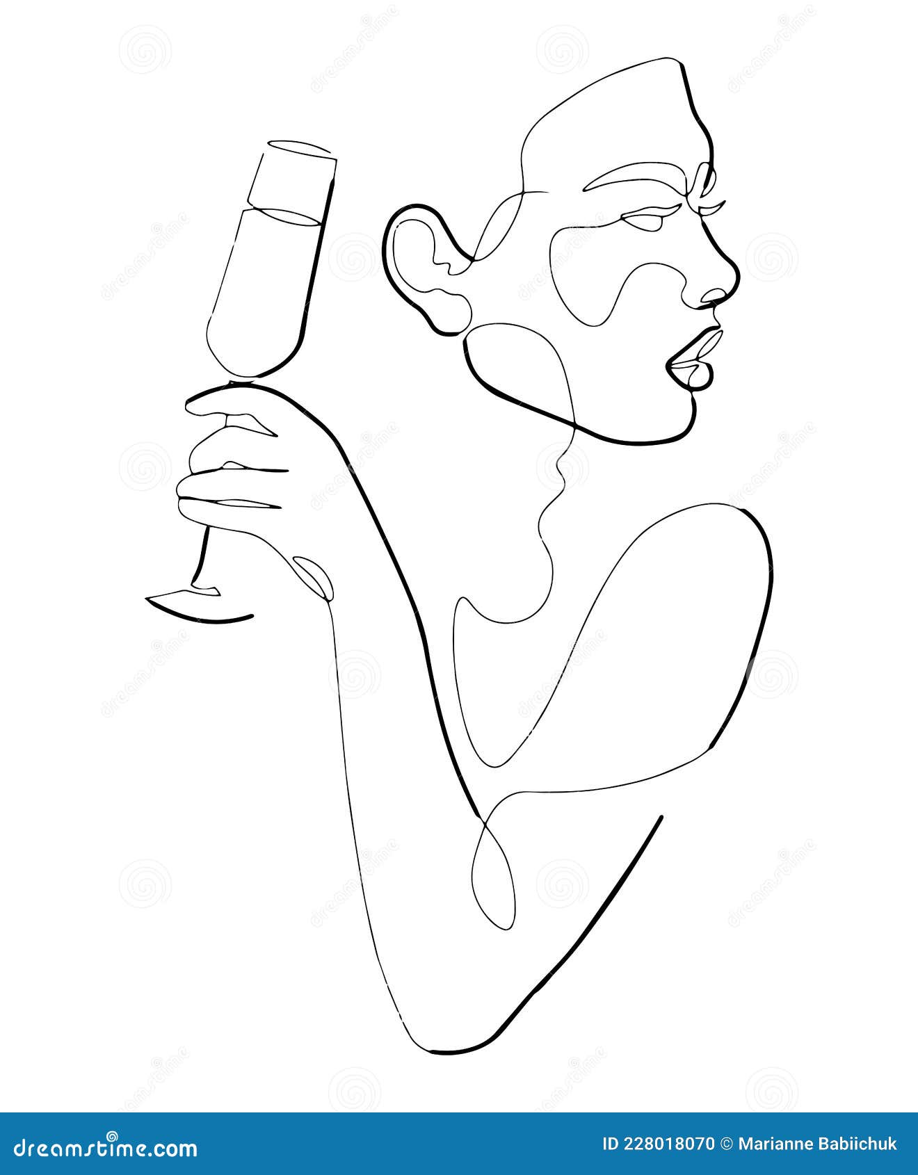 Beautiful Girl Holding a Glass. Vector Line Illustration. One Line Art