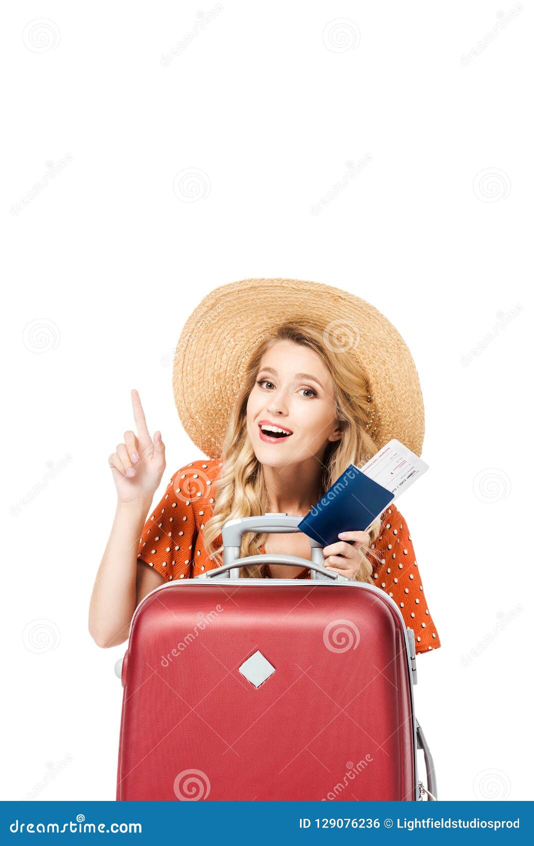 Beautiful Girl Holding Passport Witch Ticket and Pointing Up Stock ...