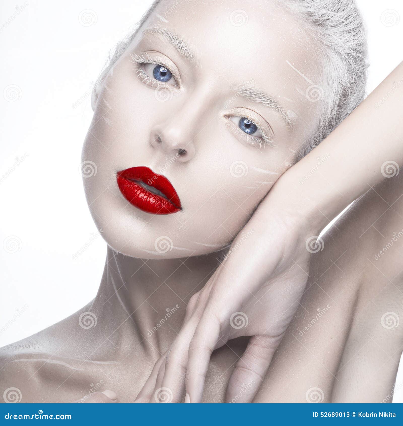 Beautiful Girl In The Image Of Albino With Red Lips And White Eyes Art Beauty Face Stock Photo Megapixl