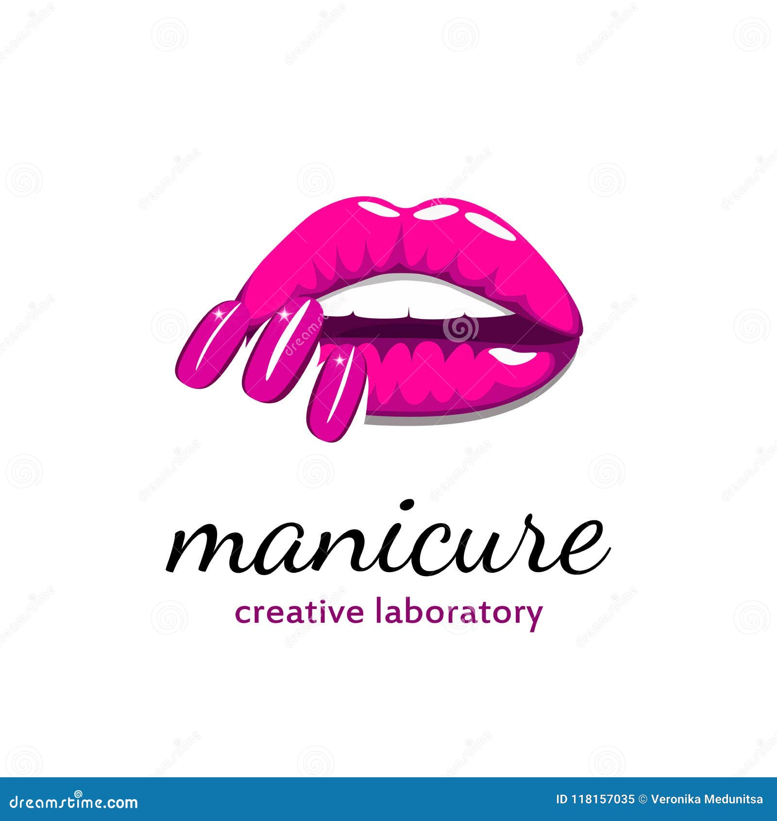 Beautiful Girl Lips With Bright Pink Manicure Nails Beauty Logo