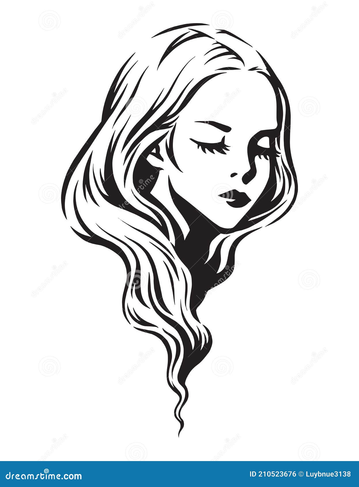 Beautiful Girl with Long Hair Black Isolated Hand Drawn Illustration ...