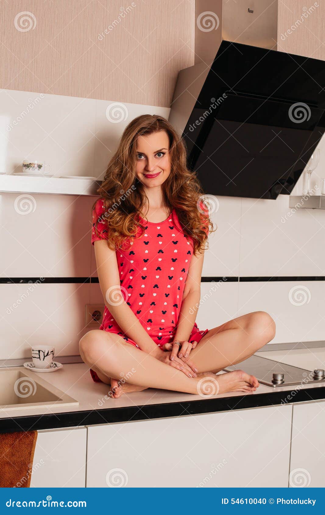 Beautiful Girl with Long Hair in the Kitchen Stock Photo Image of