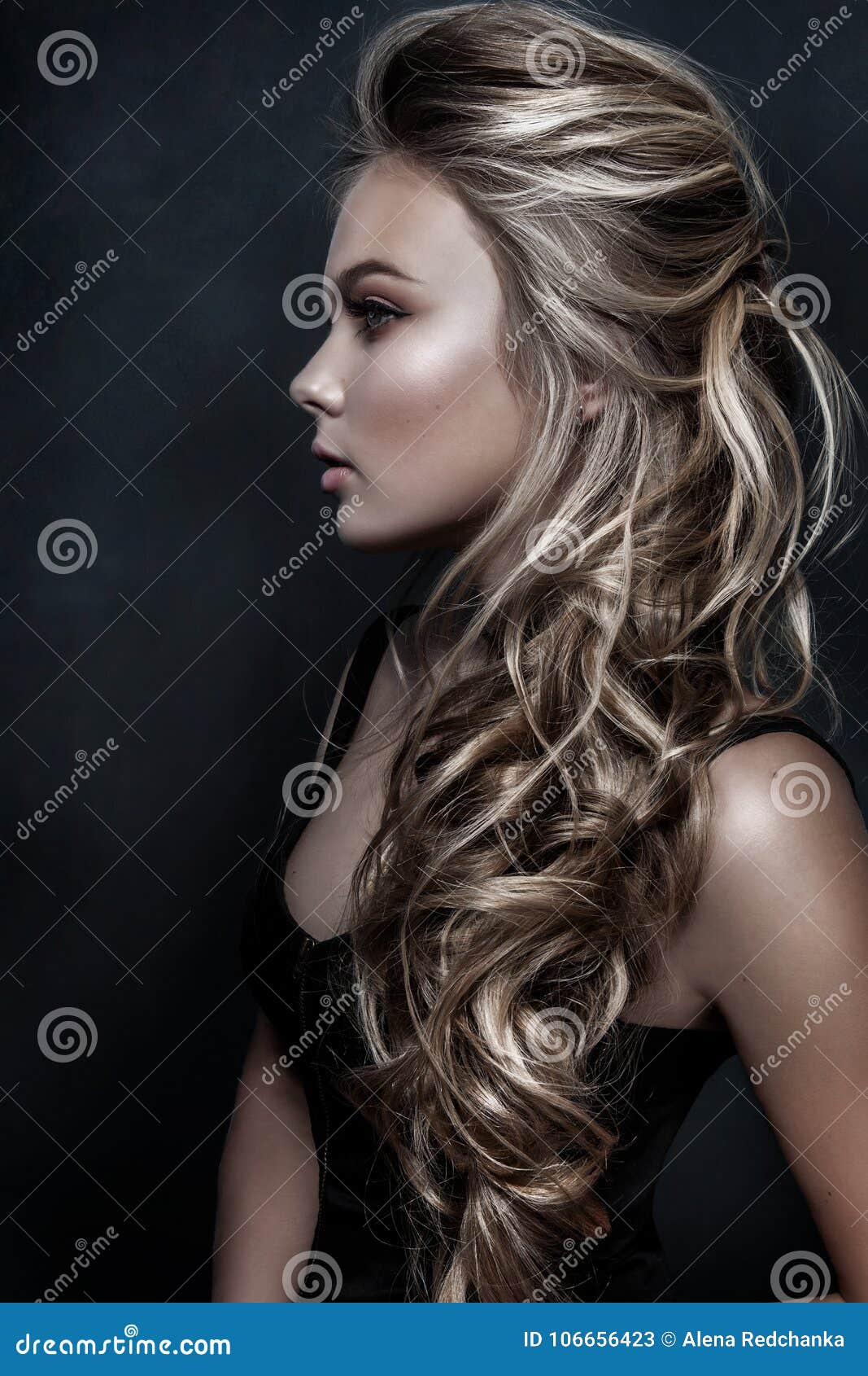 Beautiful Girl with Long Wavy Hair. Fair-haired Model with Curly Hairstyle  and Fashionable Makeup. Stock Image - Image of model, jewelry: 106656423