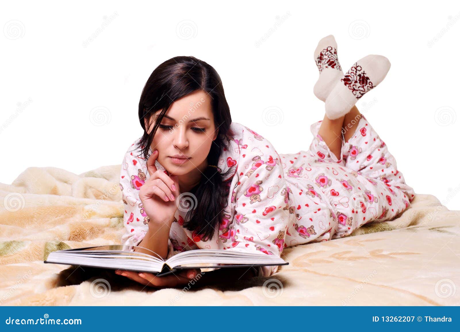 Beautiful Girl Lying on the Bed Reading a Book Stock Image Image of