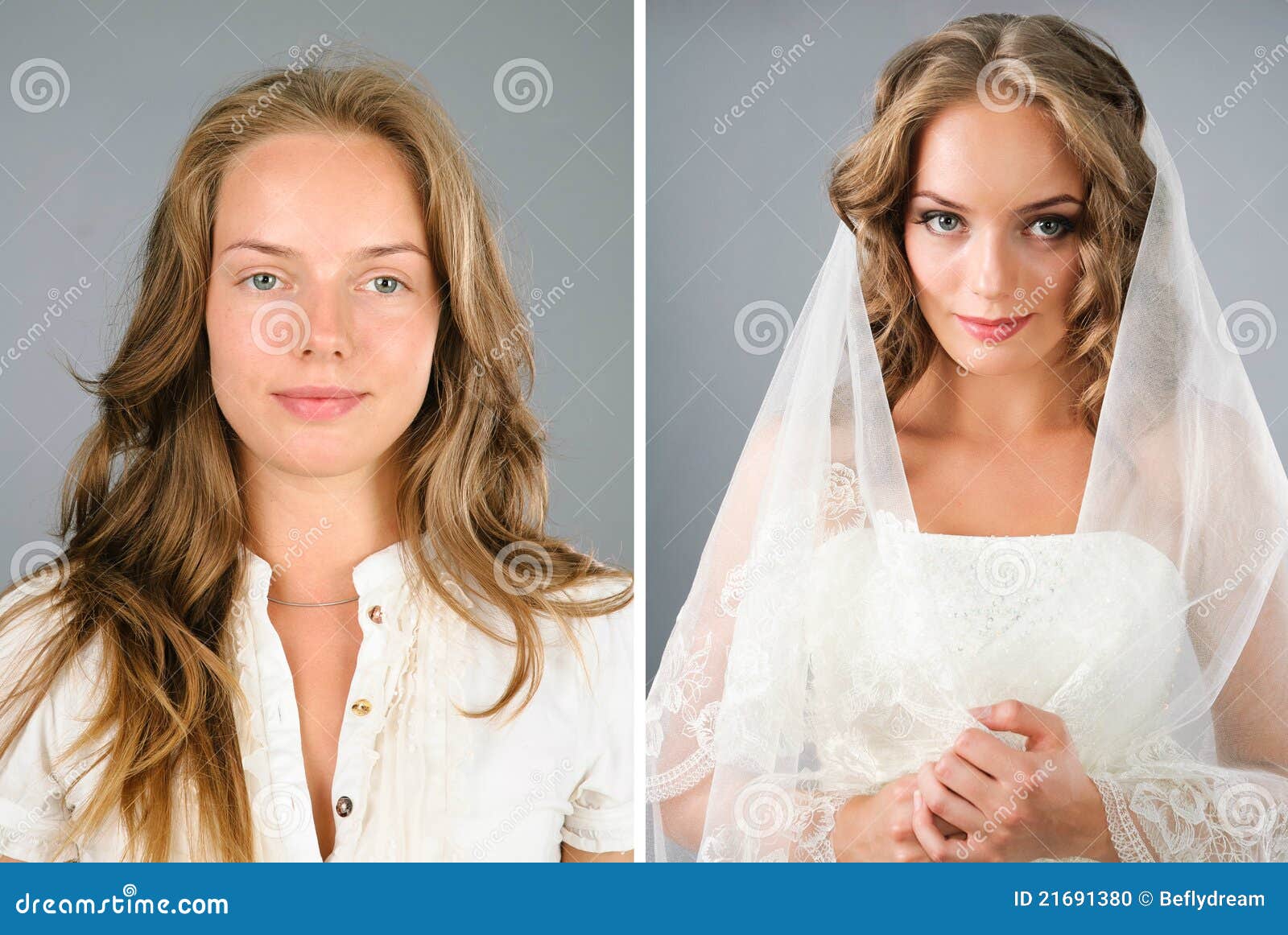 beautiful girl before and after makeover stock photo - image