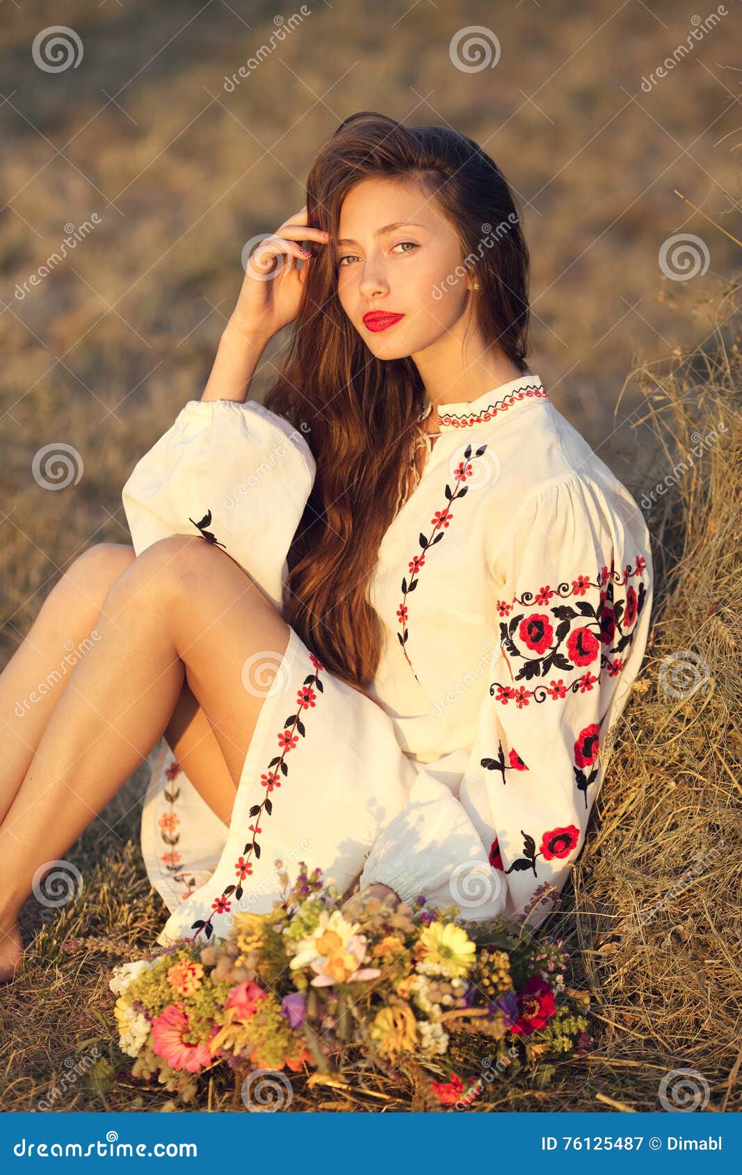 Beautiful Girl in Meadow in National Suite Stock Image - Image of ...