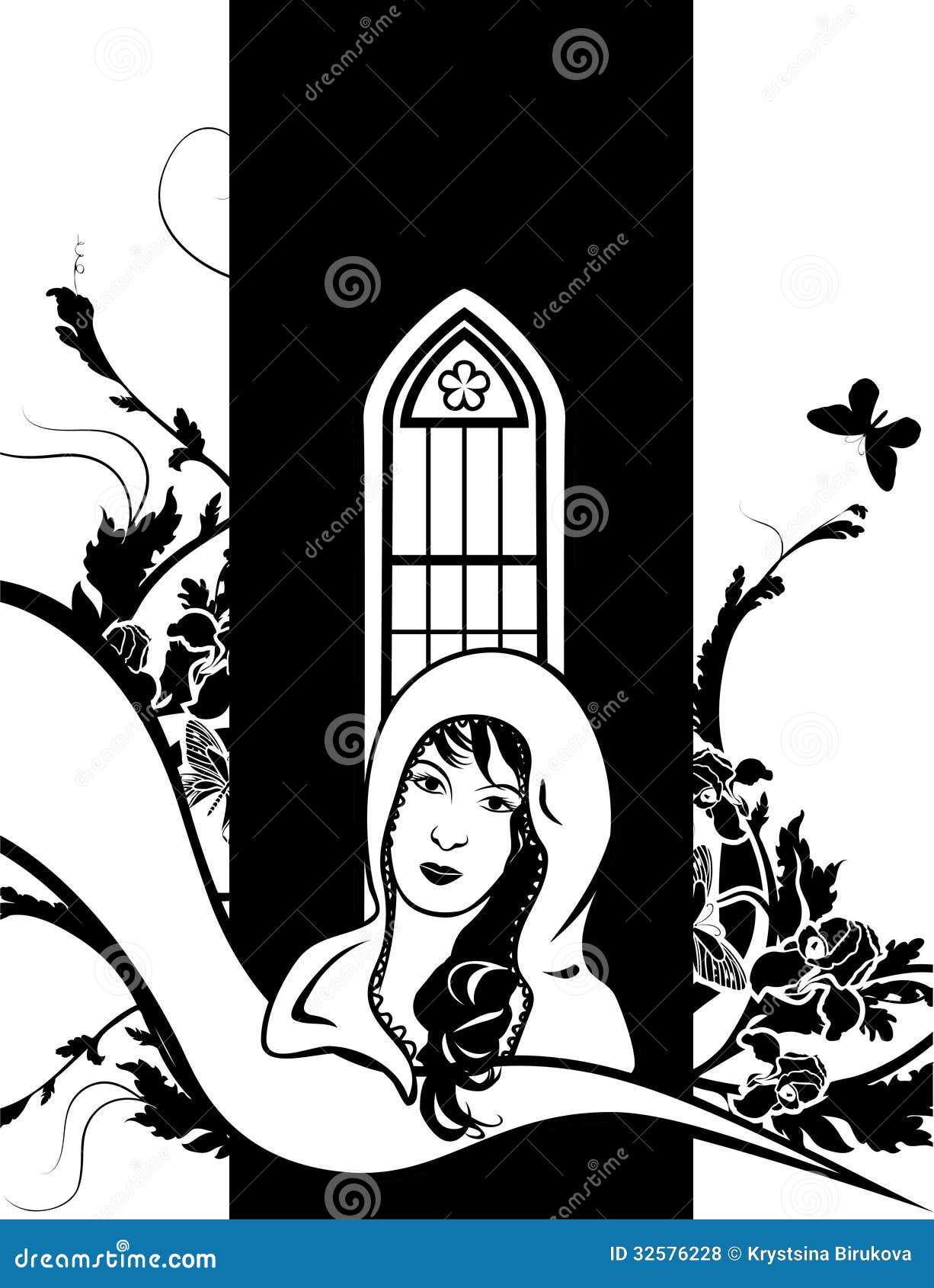 beautiful girl in medieval style against the window, black and white stencil