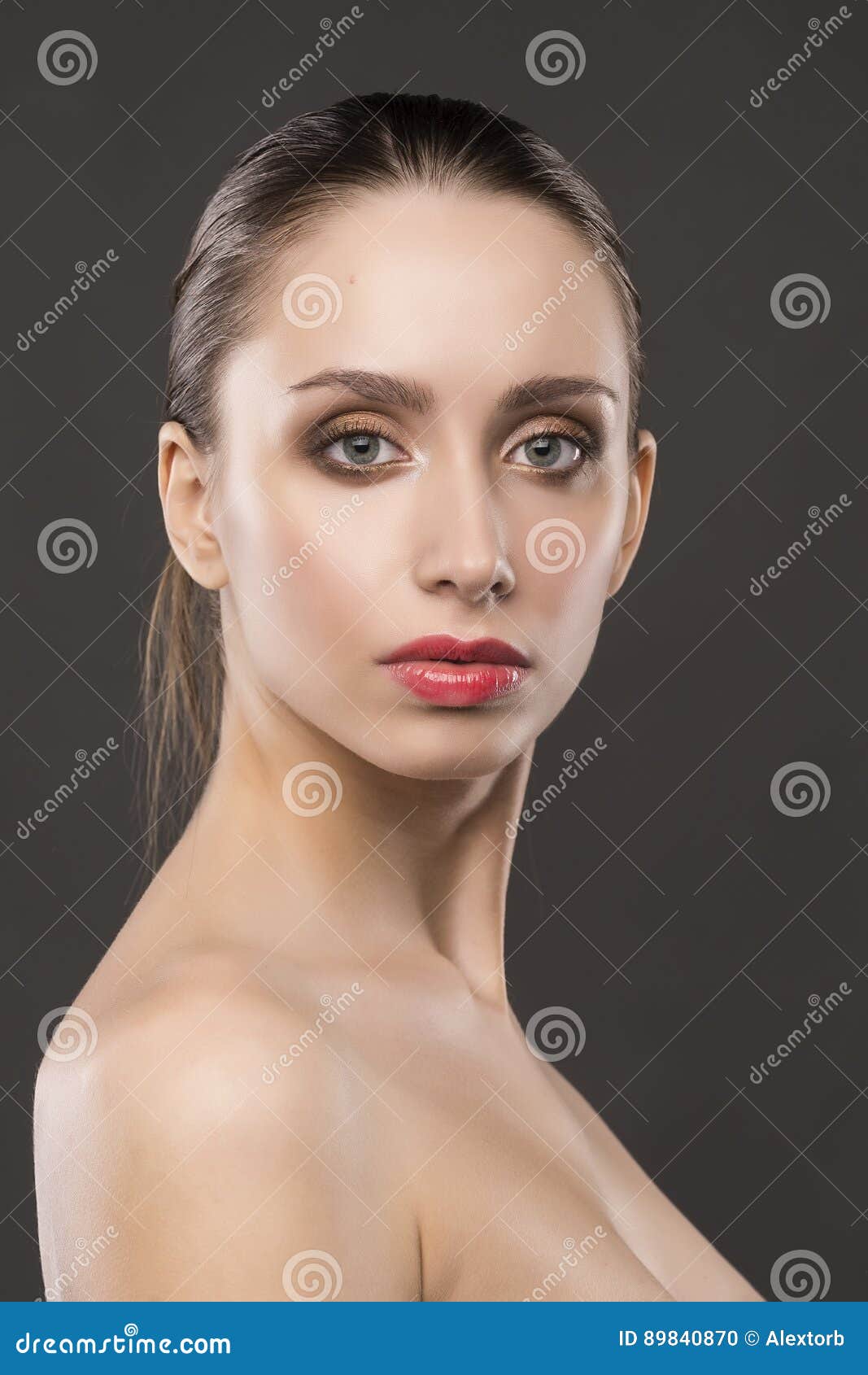 The Beautiful Girl Naked Shoulders Portrait On A Gray Background Stock 