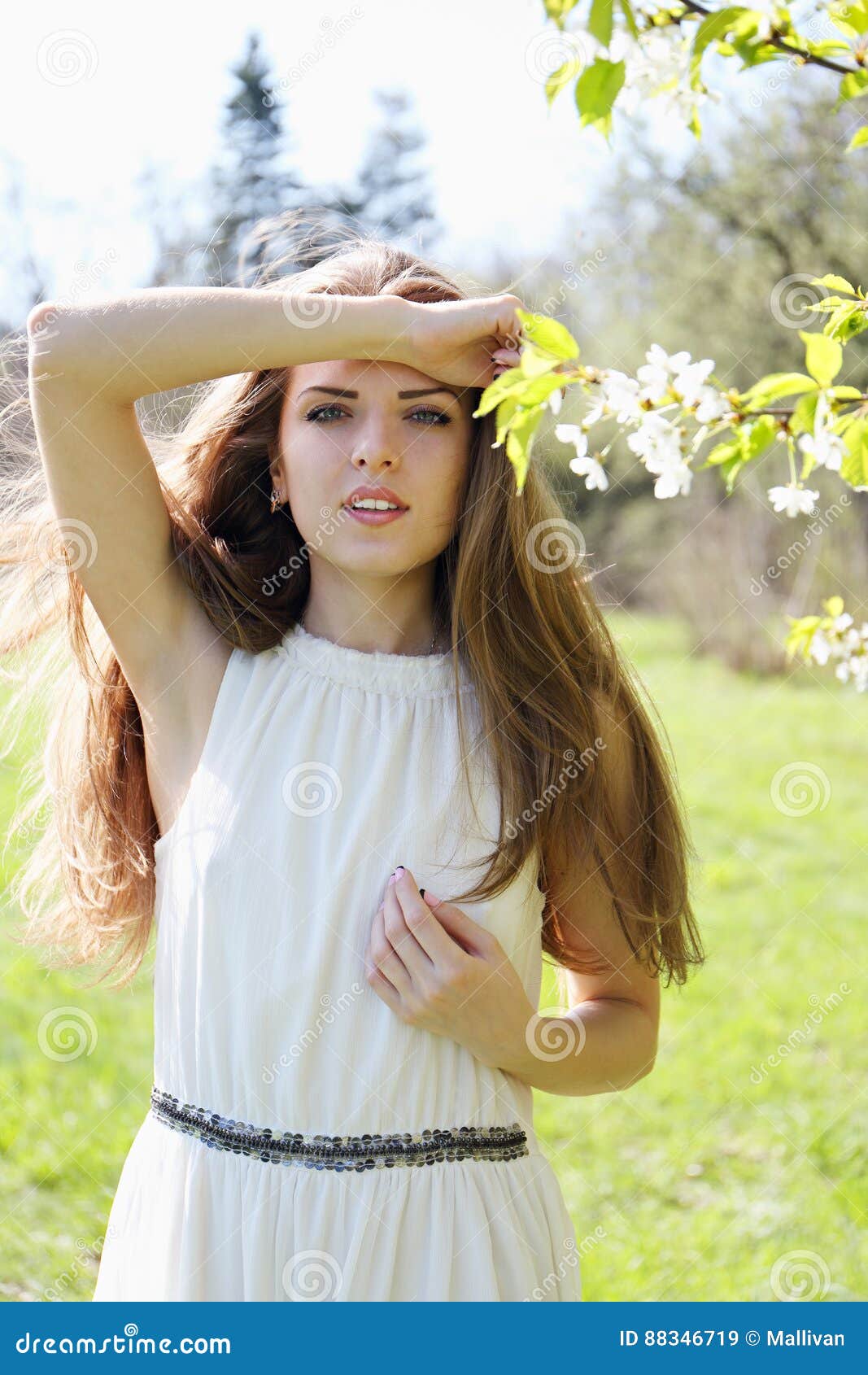 Beautiful Girl Near A Flowering Tree Stock Image Image Of Dress Bride 88346719