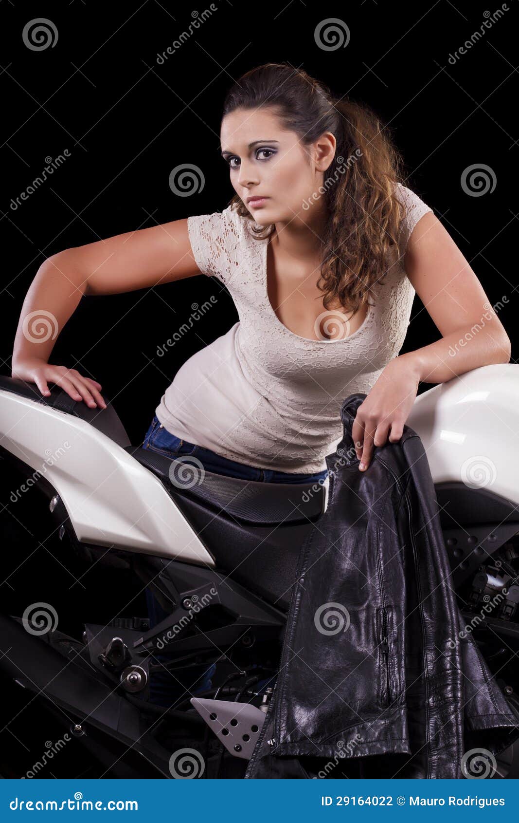 Beautiful Girl Next To a White Motorbike Stock Photo - Image of ...