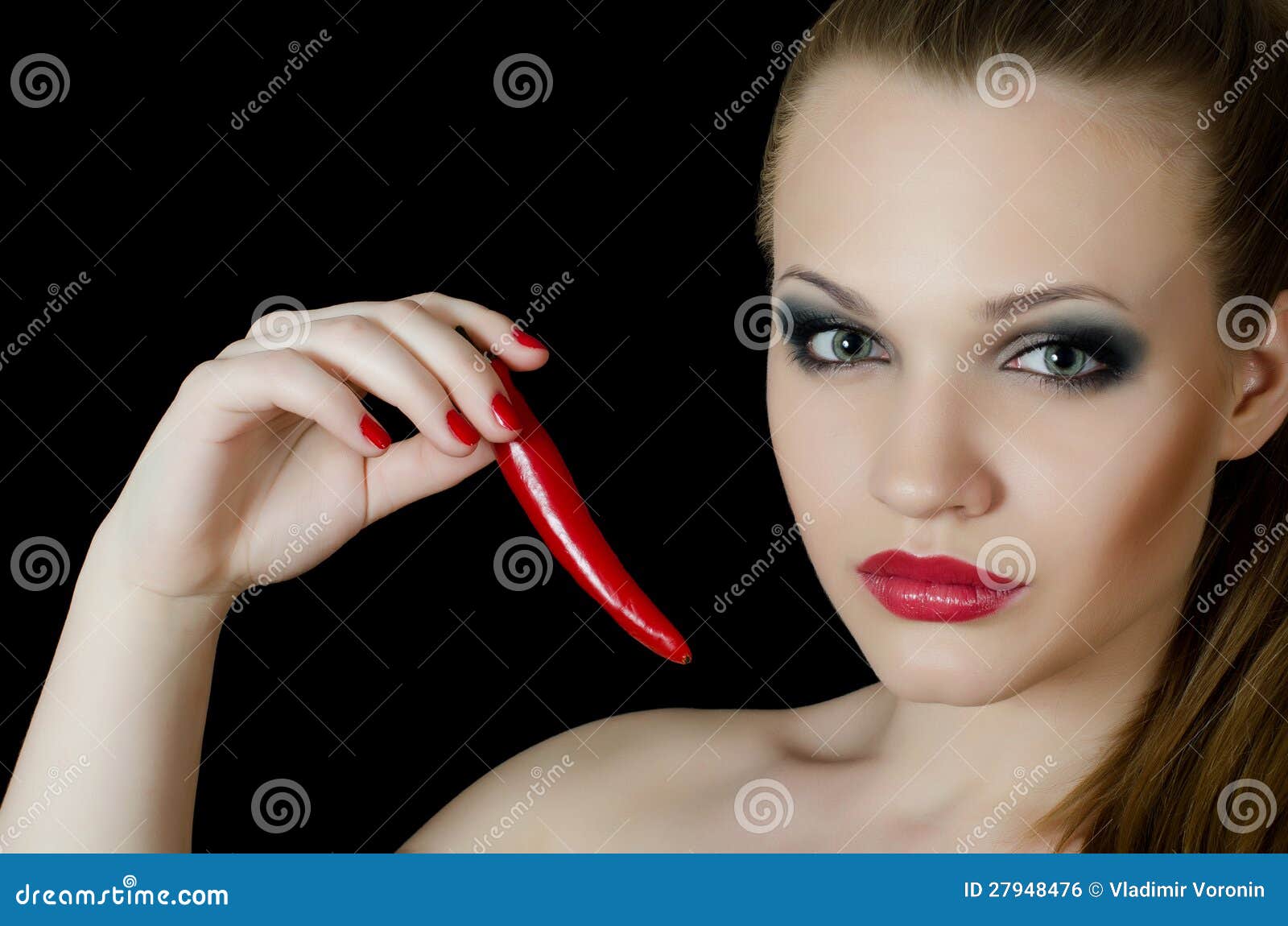 The Beautiful Girl with Pepper Chili Stock Photo Image of closeup