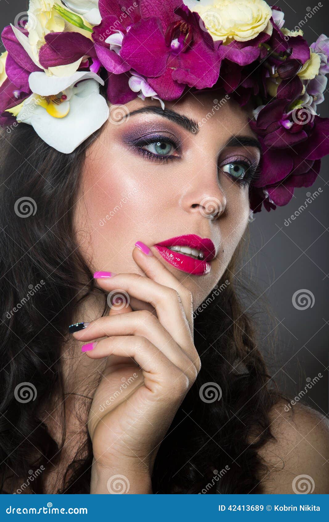 Beautiful Girl with Perfect Skin and Bright Floral Wreath on Her Head ...