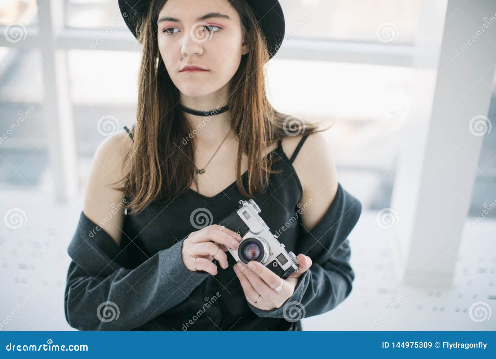 Beautiful Girl Photographer in Stylish Hipster Clothes Stock Image ...