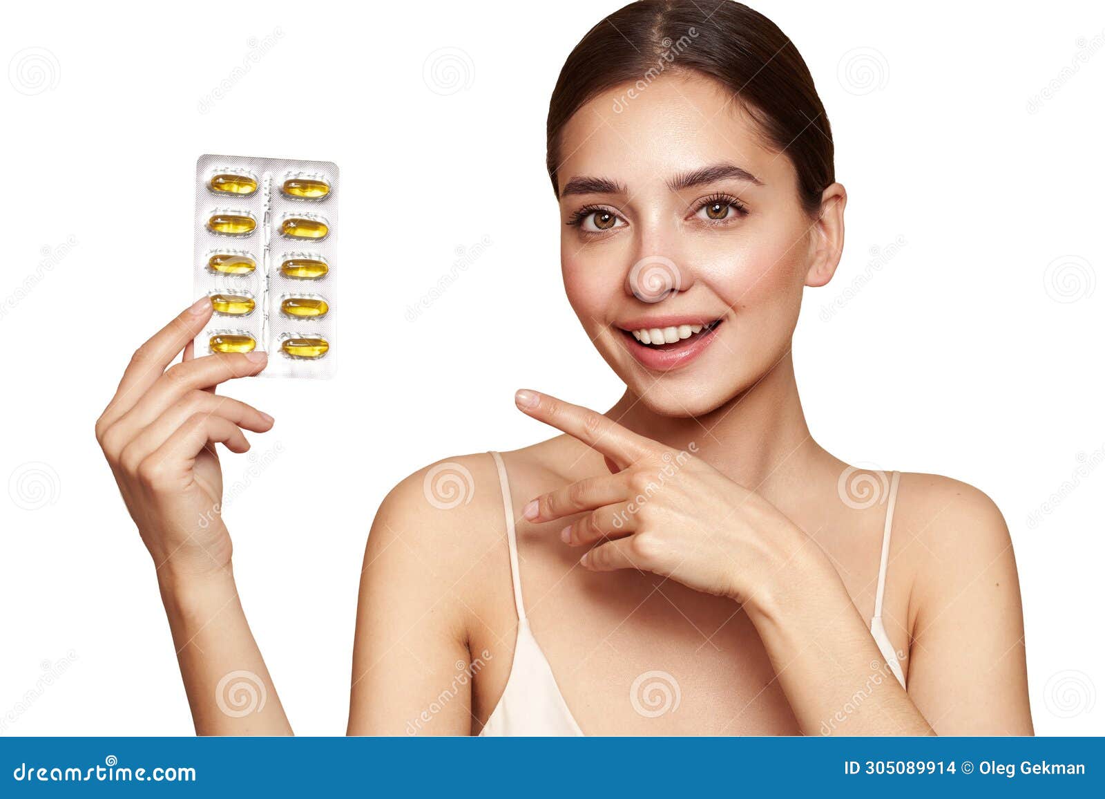 beautiful girl with pill with cod liver oil omega-3