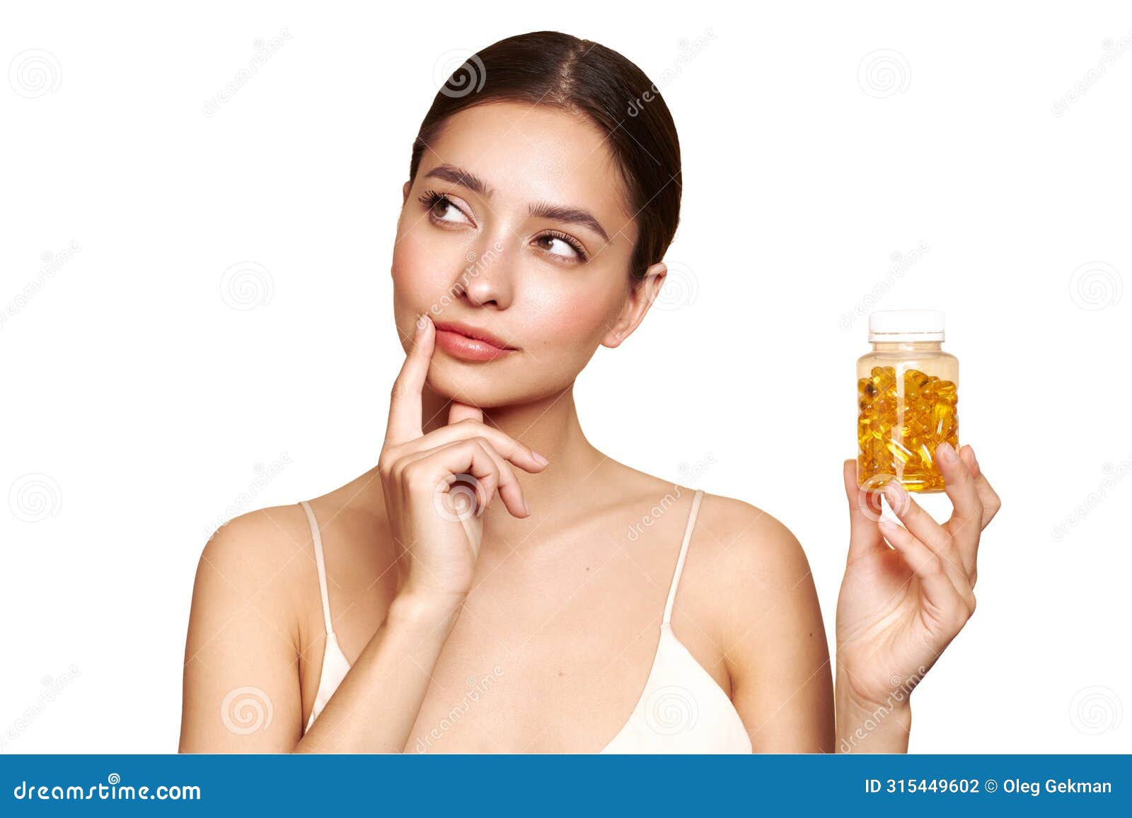 beautiful girl with pill with cod liver oil omega-3