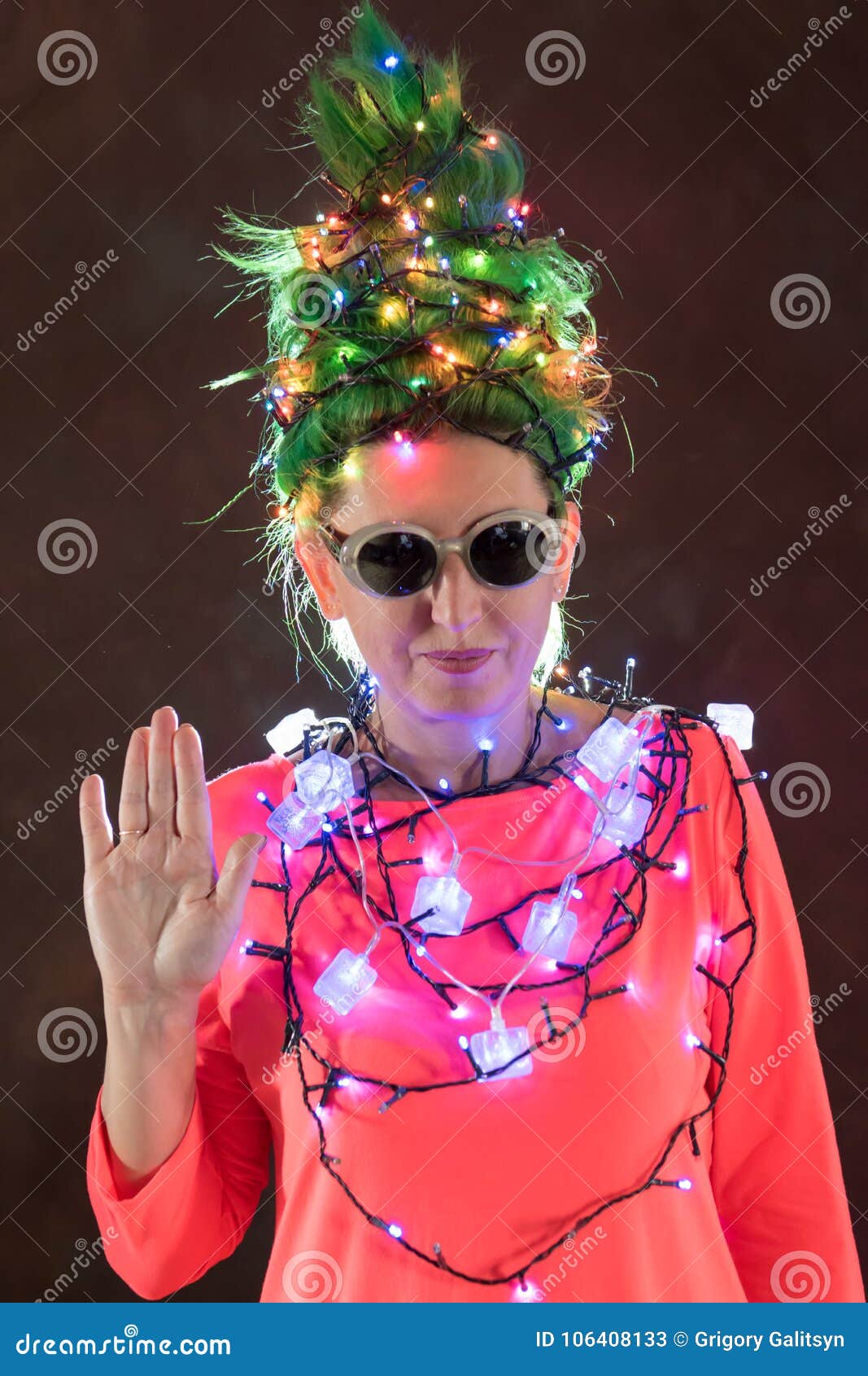 A Beautiful Girl in a Pink Dress with Green Hair Decorated Herself with  Christmas Garlands. Her Hair is Like a Christmas Tree Stock Image - Image  of childhood, cute: 106408133