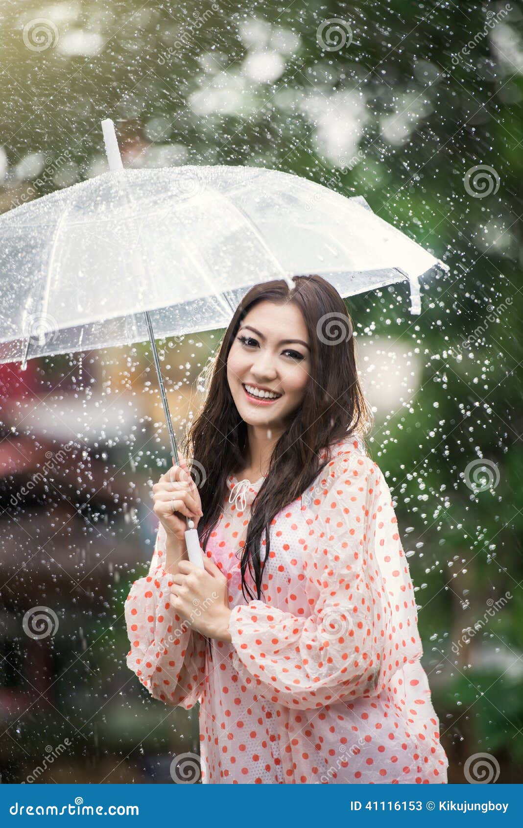 Beautiful Girl in the Rain with Transparent Umbrella Stock Image ...