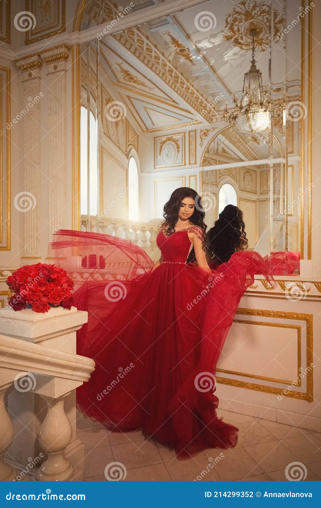 Beautiful Girl in a Red Ball Gown in Palace Interiors Stock Photo ...