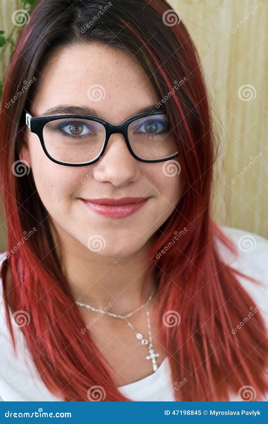 Beautiful Girl With Red Hair And Glasses With Black Frame Stock