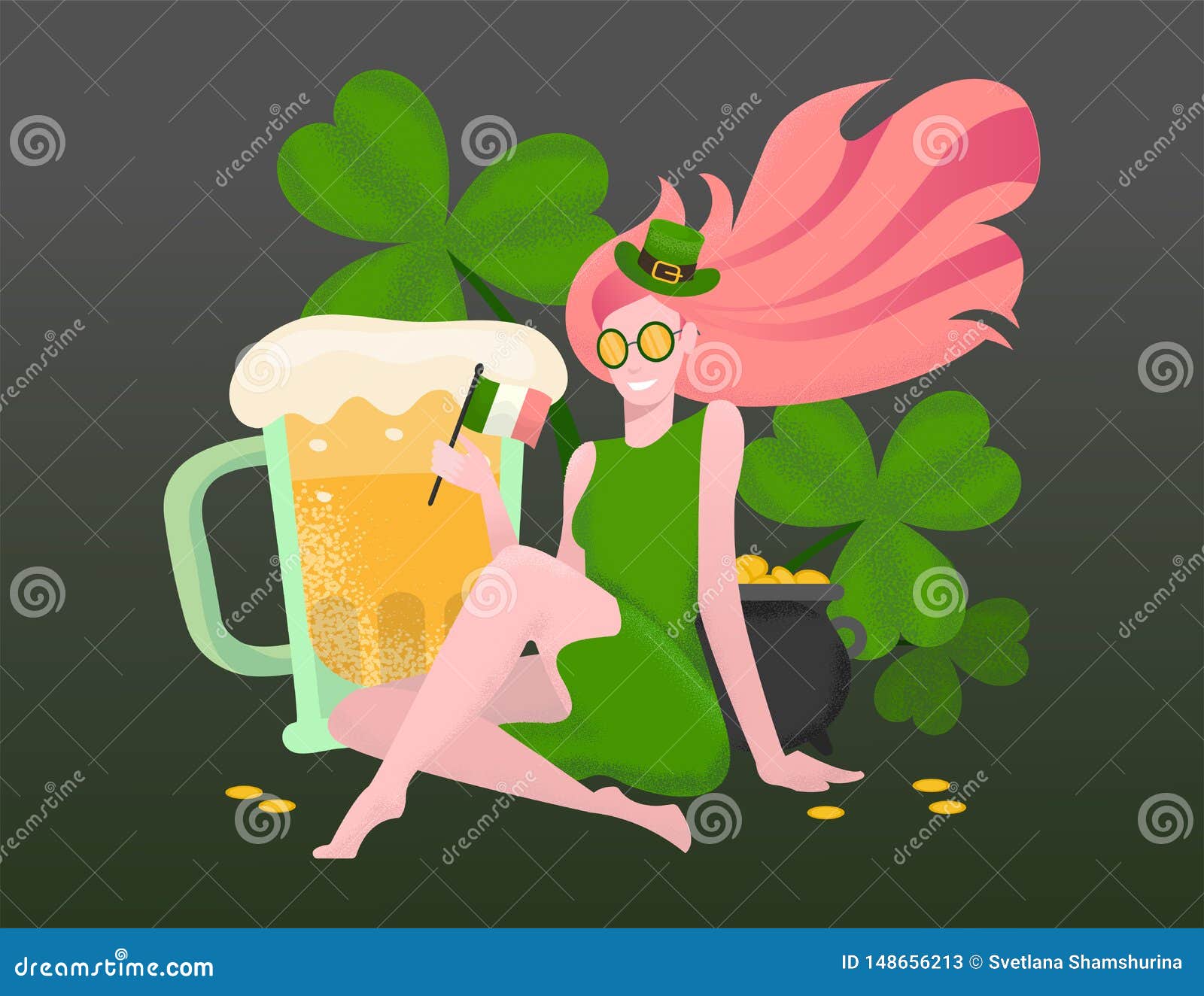Beautiful Girl with Red Hair in Green Dress,leprechaun Hat Sits among Big  Clover Next To Huge Beer Mug,pot,Ireland Flag in Hand on Stock Illustration  - Illustration of irish, golden: 148656213