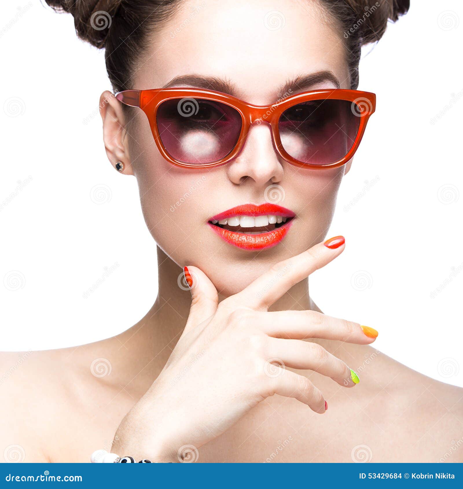 Beautiful Girl in Red Sunglasses with Bright Makeup and Colorful Nails ...