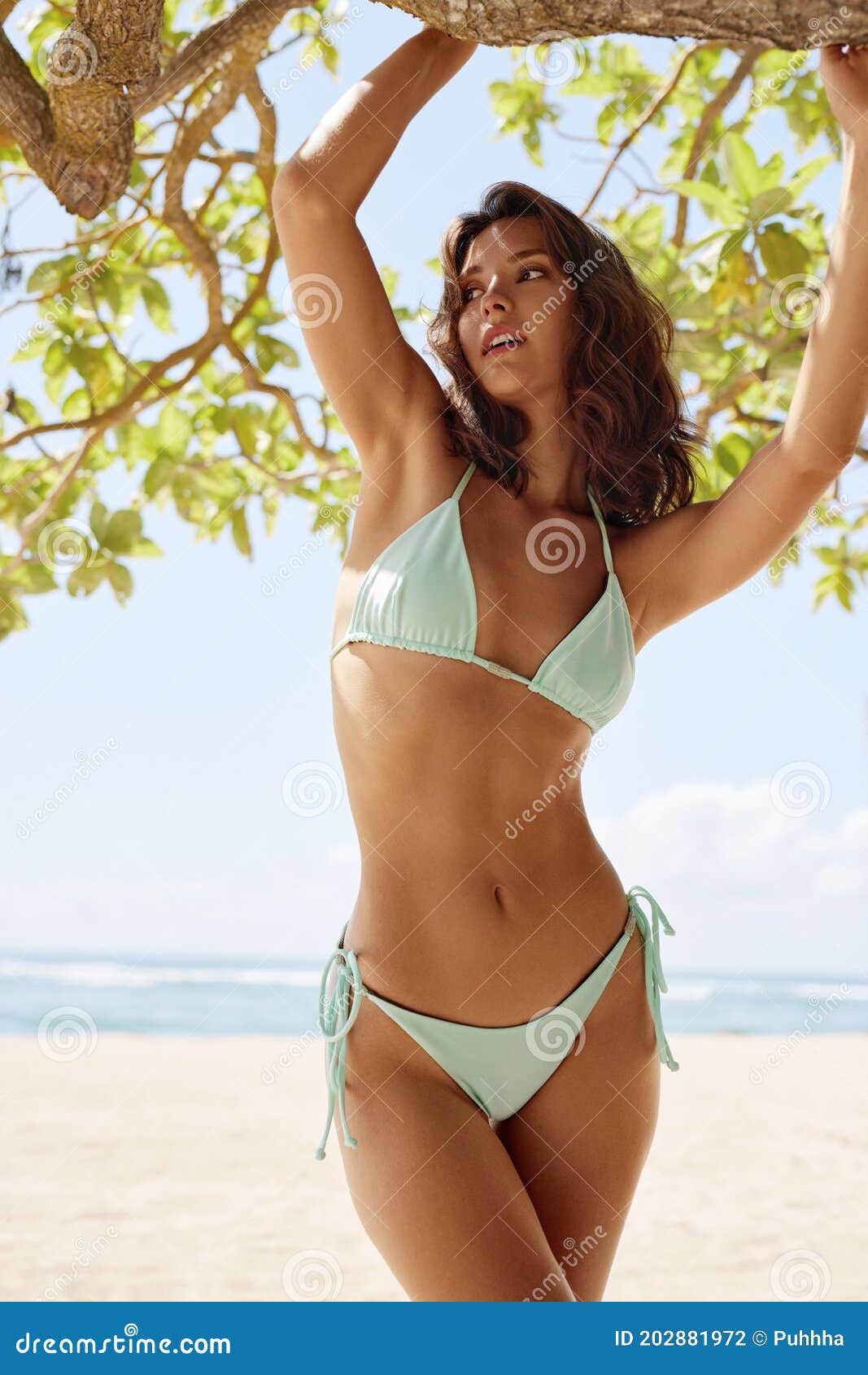 Beautiful Girlâ€™s in Stylish Bikini Portrait Posing on Sandy Beach in  Bali, Indonesia. Front View of Model with Perfect Body Stock Photo - Image  of body, model: 202881972