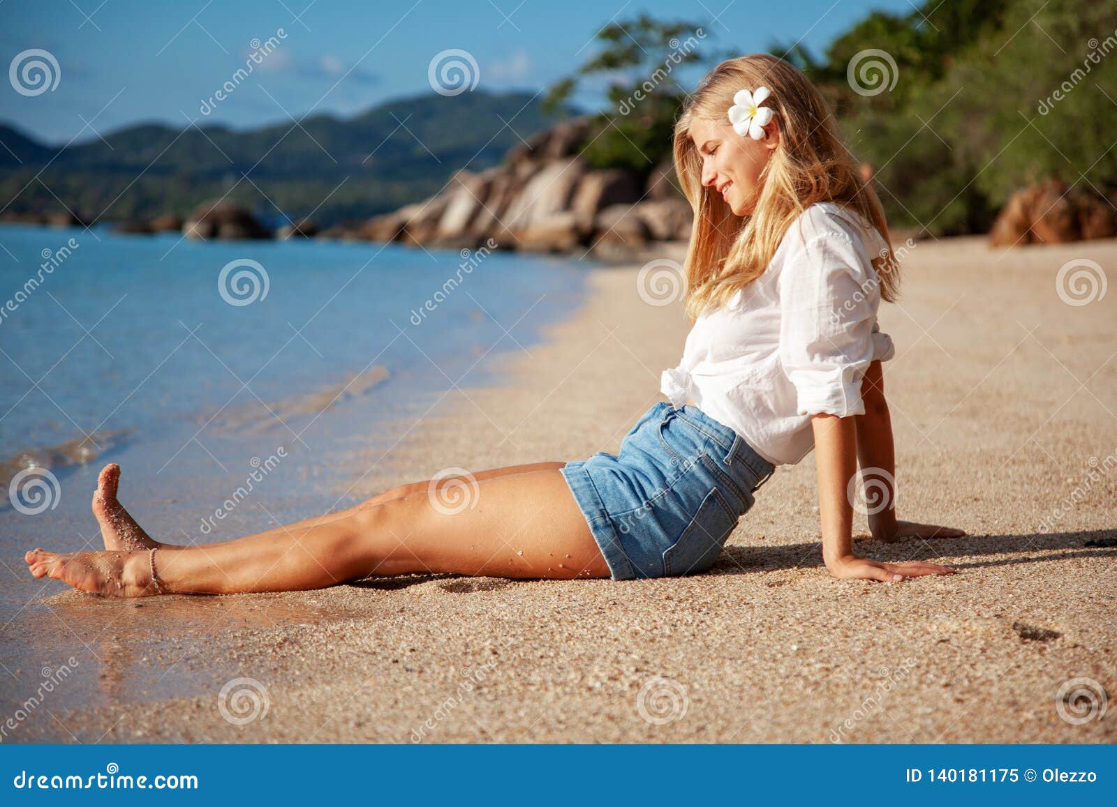 Beautiful Girl In Sea Style Sitting On Sand Travel And Vacation Freedom Concept Stock Image