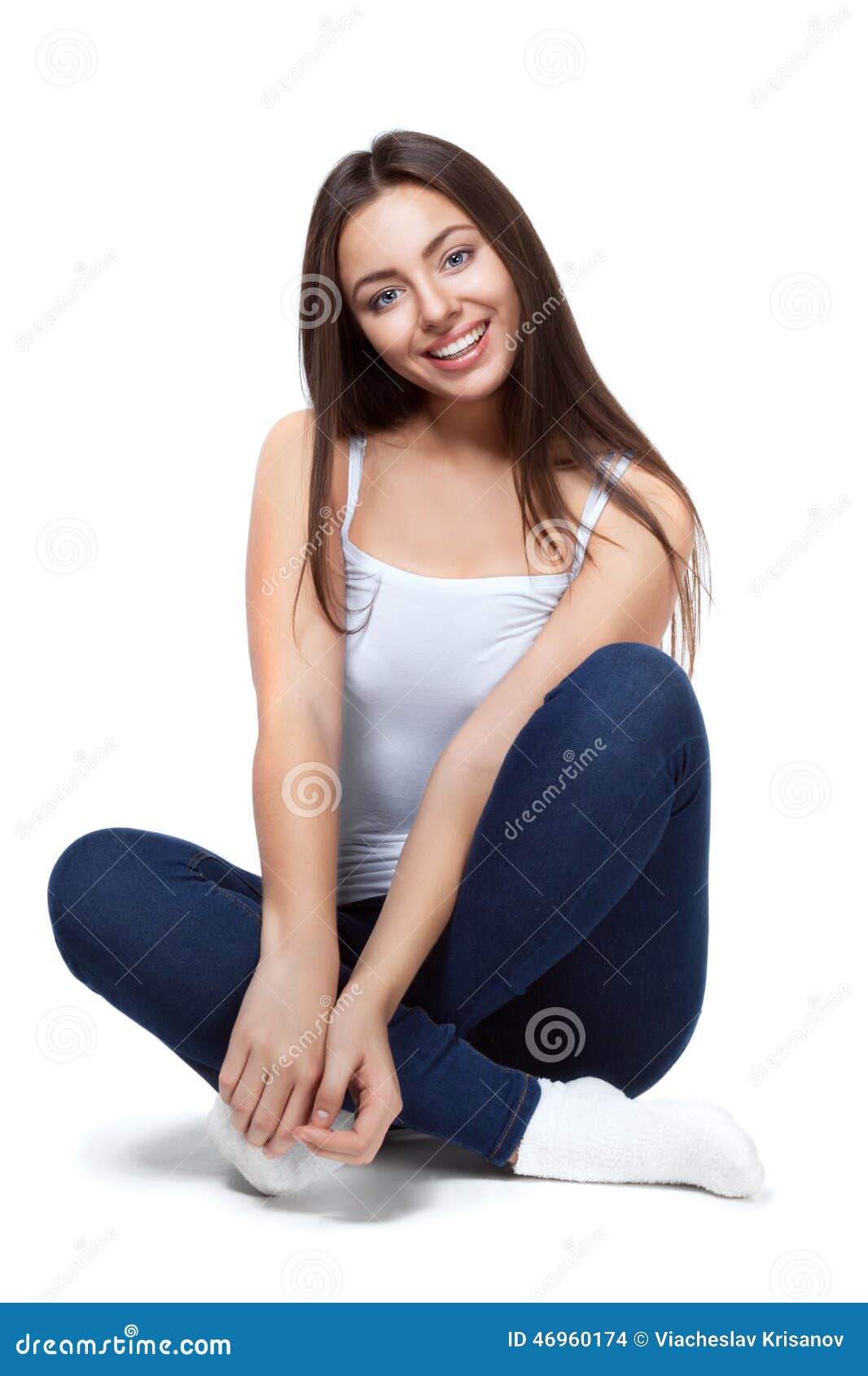 Beautiful Girl Sitting on a White Background Isolated Stock Photo ...
