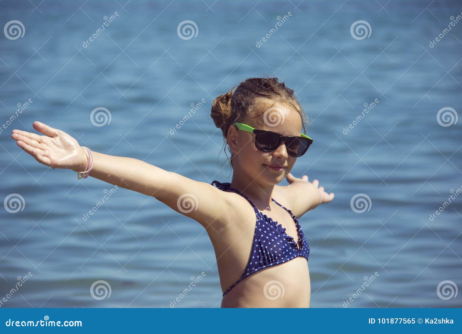 Beautiful Girl Smile with Raised Hands, Woman on Beach Summer ...