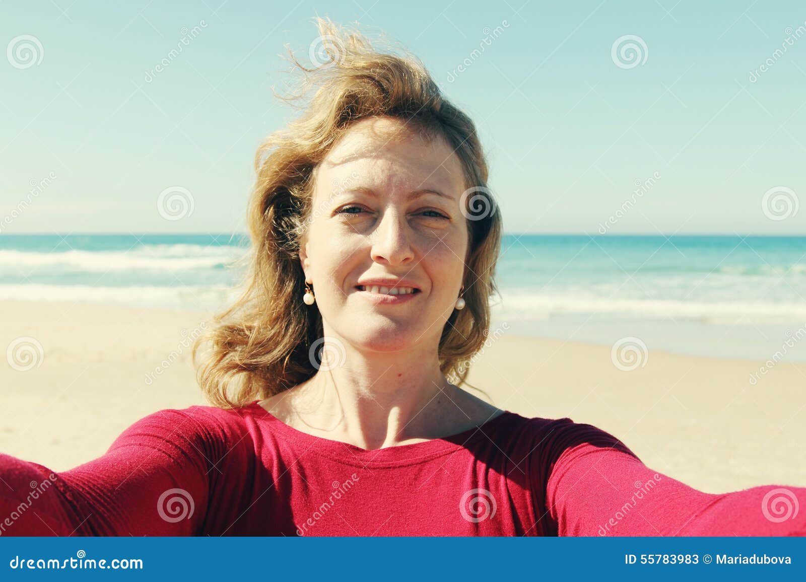 Beautiful Girl Smiling On The Beach With The Sand Sea And Blue Stock Image Image Of Lifestyle