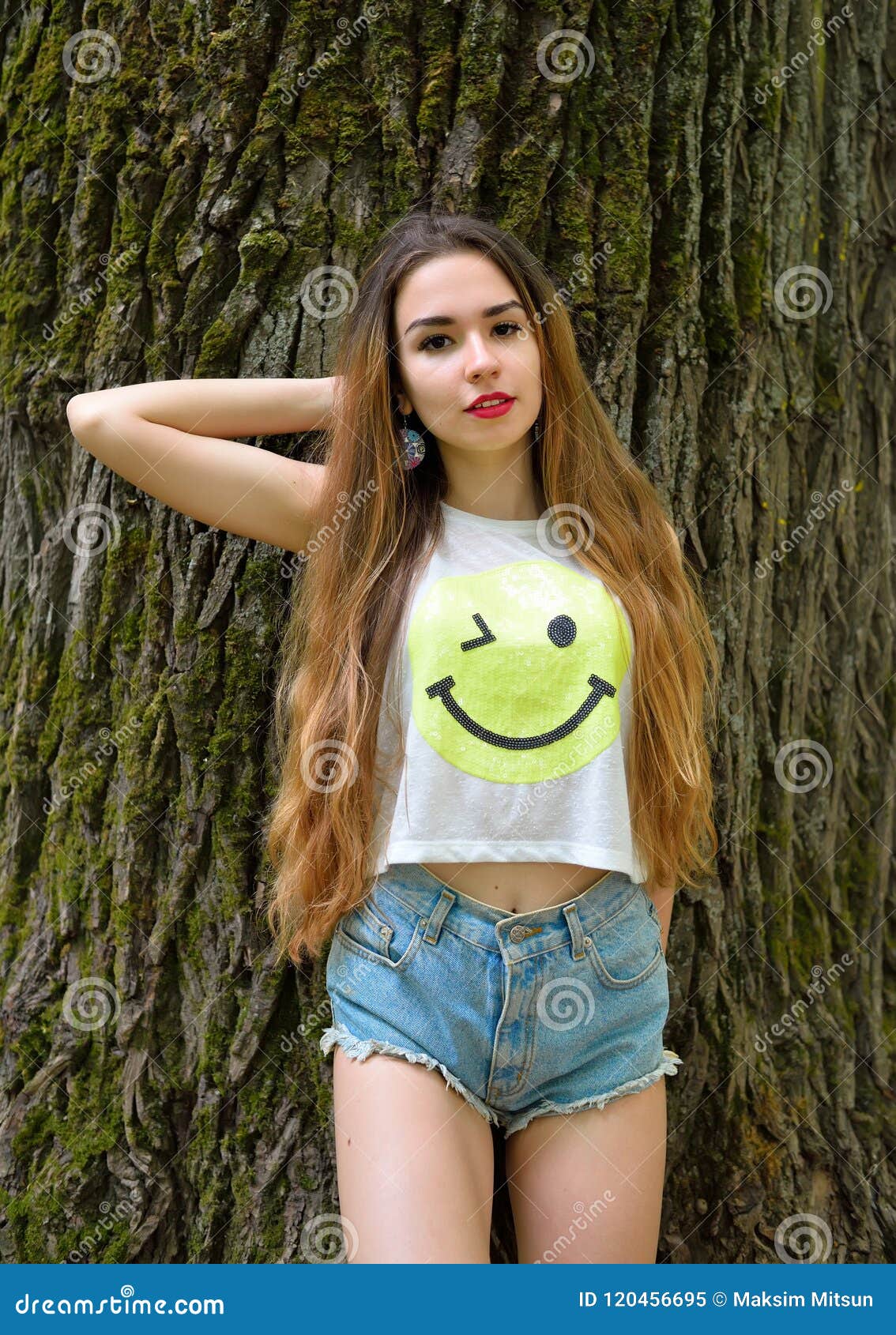 Beautiful Girl Standing on the Background of the Bark of an Old Stock ...