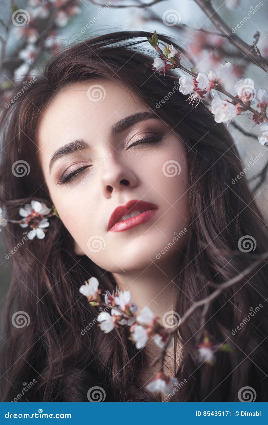Beautiful Girl Standing At Blossoming Tree In The Garden Stock Image Image Of Apple Garden